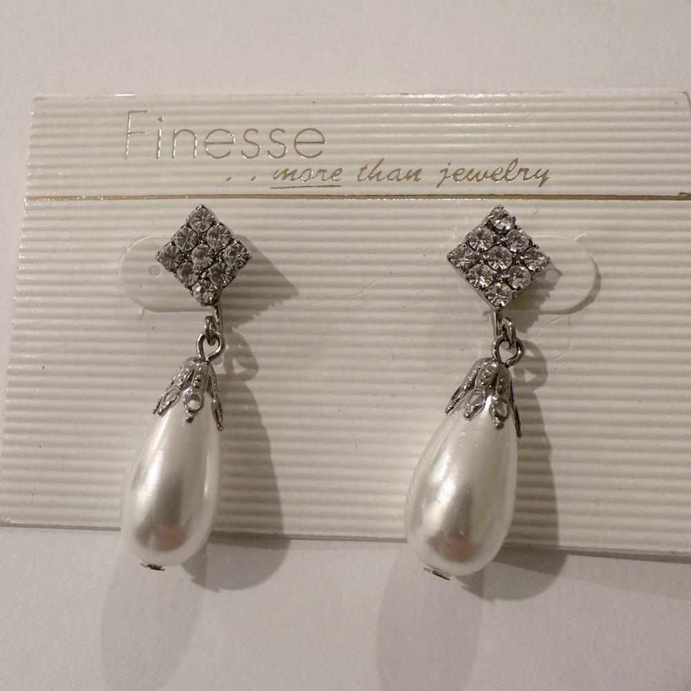 Vintage Finesse Rhinestone & Crystal Faux Pearl Drop Earrings - NOS